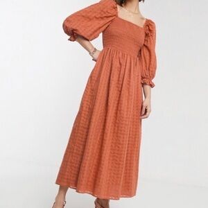 Zara Smocked Cottagecore Dress Women’s 4 Burnt Orange Puff Sleeve Milkmaid Flowy
